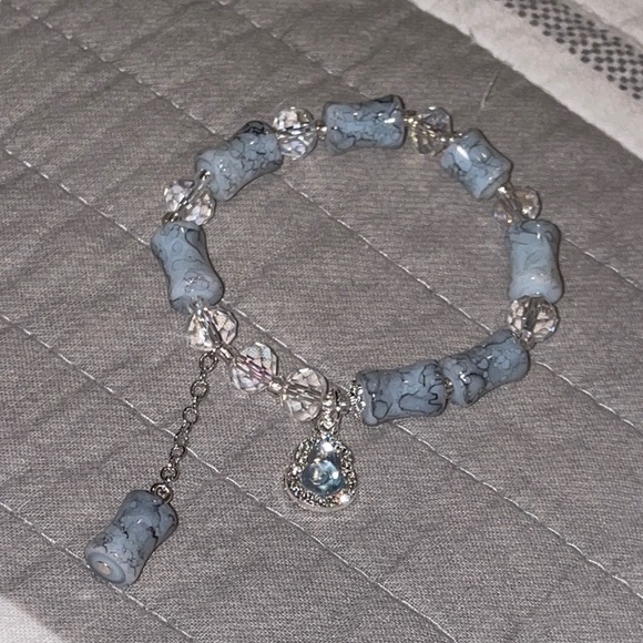 Colorful Glass Beaded Bracelet With Tear Drop Blue Stone Charm and Dangle Charm - Picture 2 of 3